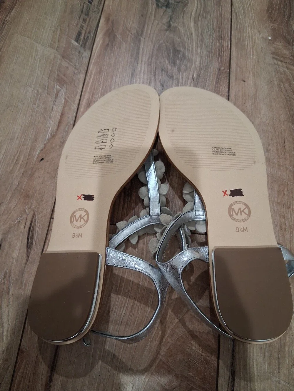 Michael Kors Silver Floral T-Strap Sandals with Ankle Buckle